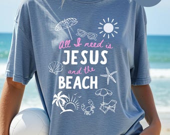 T-shirt chrétien d'été pour la plage, T-shirt tendance oversize confortable à motifs gribouillis, T-shirt « Tout ce dont j'ai besoin, c'est Jésus et la plage », T-shirt d'église, Cadeau pieux
