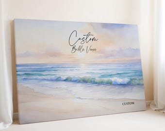 Tableau personnalisé avec verset biblique sur toile tendue, décoration chrétienne pour la maison, thème bord de mer, cadeau idéal pour une pendaison de crémaillère.