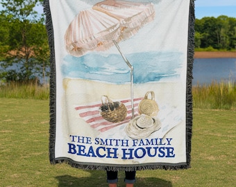 Personalized Lake House Decor Woven Blanket, Custom Family Name Fringe Throw Blanket, Beach House Woven Tapestry, Nautical Gift For New Home