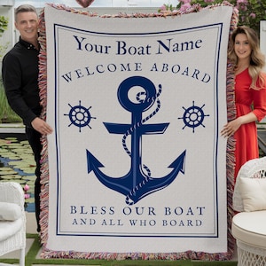 Personalized Boat Name Woven Blanket, Christian Custom Boat Yacht Throw Blanket, Nautical Boat Decor, Beach or Lake House, Boat Owner Gift
