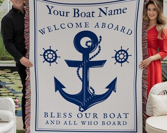 Personalized Boat Name Woven Blanket, Christian Custom Boat Yacht Throw Blanket, Nautical Boat Decor, Beach or Lake House, Boat Owner Gift
