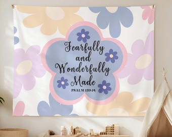 Floral Christian Tapestry Bible Verse Art Girls Bedroom Decor, Fearfully And Wonderfully Made, Kids Room, Dorm, Classroom, Christian Gift