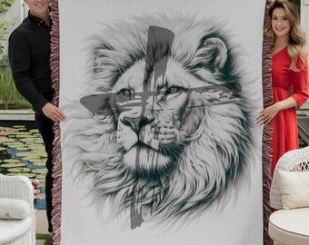 Lion of Judah Woven Blanket, Yeshua Christian Throw with Cross | Prophetic Jacquard Tapestry Heirloom Blanket | Faith-Based Home Decor Gift
