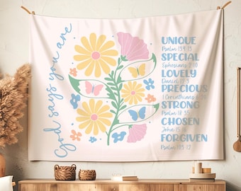 Christian Hanging Tapestry Floral Boho Wall Art For God Says I Am, Girls Bedroom, Nursery Wall, Dorm, Gift For Christian Home or Kids Decor