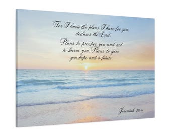 Christian Scripture Canvas Print, Jeremiah 29:11 Bible Verse Landscape Wall Art, Coastal Faith Decor Beach House Art, Godly New Home Gift