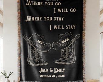 Personalized Couples Western Woven Wedding Blanket, Cowboy Mr And Mrs Scripture Where You Go I Will Go Ruth 1:16 Throw, Bridal Shower Gift