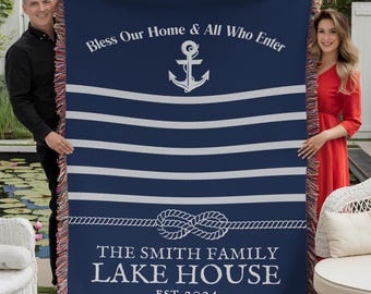 Personalized Lake House Blanket, Custom Woven Christian Family Name Boat House Couch Throw, Beach House Blanket, Nautical New Home Gift