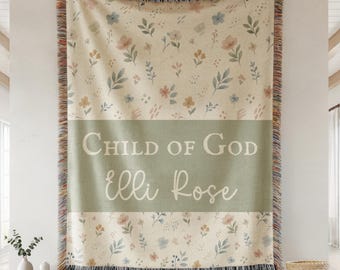 Couverture souvenir personnalisée pour baptême d'une fille, motif floral et verset biblique, cadeau chrétien personnalisé pour une petite fille, cadeau de naissance.