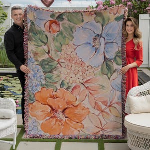 Wild Flowers Vintage Floral Woven Blanket, Cotton Knitted Tapestry, Woven Fringe Couch Throw Home Decor Floral Bed Blanket, Grandma Gift