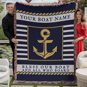 Personalized Boat Name Woven Blanket, Christian Custom Boat Yacht Couch Throw, Nautical Boat Decor, Beach Lake House Decor, Boat Owner Gift