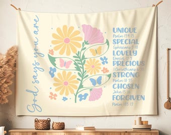 Christian Hanging Tapestry, Floral Boho Wall Art, God Says I Am, Girls Bedroom, Kids Room, Nursery, Classroom Wall, Christian Teacher Gift