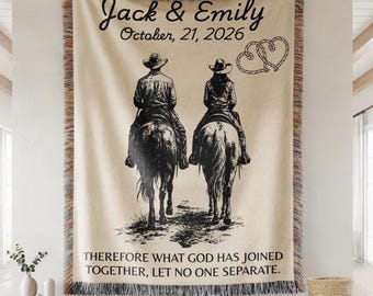 Personalized Couples Western Woven Wedding Blanket With Names, Cowboy Mr And Mrs Scripture Matthew 19:6 Throw, Rustic Bridal Shower Gift