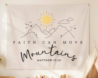 Christian Hanging Scripture Tapestry, Faith Moves Mountains Wall Art Girls Bedroom, Kids Room, Church Classroom Decor, Teen Christian Gift