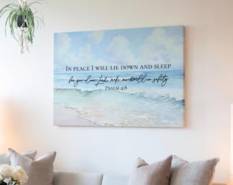 Christian Scripture Canvas Print Gallery Wrap Bible Verse Wall Art Psalm 4:8 Beach Landscape Wall Decor Beach House Art, Christian Home Gift