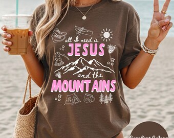 T-shirt Christian Mountain, T-shirt de randonnée Comfort Colors Nature Outdoors, T-shirt de camping oversize à motif graphique tendance, Cadeau pour les amoureux du camping