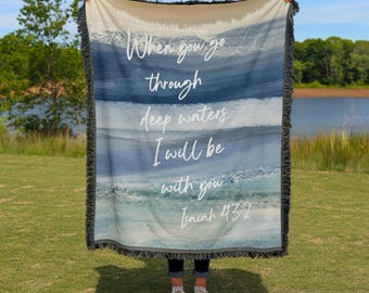 Christian Woven Fringed Blanket, Isaiah 43 2 Scripture Cotton Throw, Ocean Waves Tapestry, Godly Home Decor, Couch Blanket, New Home Gift