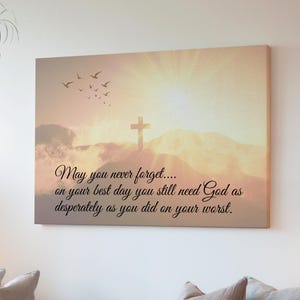 Inspirational Christian Canvas Wall Art, Jesus Cross Mountain Sunrise Landscape Stretched Canvas Print Wall Decor, Christian New House Gift