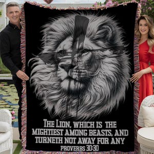 Religious Scripture Woven Blanket, Uplifting Lion of Proverbs 30:30 The Lion In You Never Retreats Christian Couch Throw, Godly Man Gift