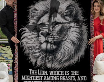 Religious Scripture Woven Blanket, Uplifting Lion of Proverbs 30:30 The Lion In You Never Retreats Christian Couch Throw, Godly Man Gift