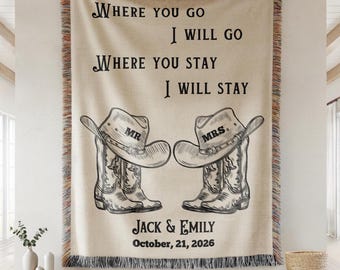 Personalized Couples Western Woven Wedding Blanket, Cowboy Mr And Mrs Scripture Where You Go I Will Go Ruth 1:16 Throw, Bridal Shower Gift