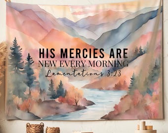Christian Boho Mountain Landscape Tapestry, Bible Verse Lamentations Faith Inspired Bedroom Wall Art, Church Classroom, Dorm, Christian Gift