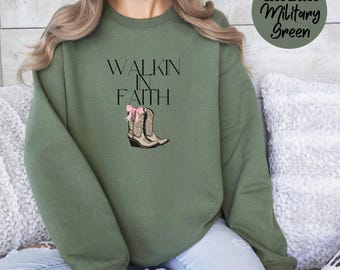 Walk By Faith Western Sweatshirt, Christian Bible Verse 2 Corinthians 5:7 Cowgirl Boots Coquette Aesthetic Sweater, Women's Christian Gifts