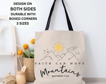 Women's Christianity Tote Bags, AOP Church Tote, Faith Moves Mountains Matthew 17:20 Scripture Christian Tote, Bible Study Bags, Godly Gift