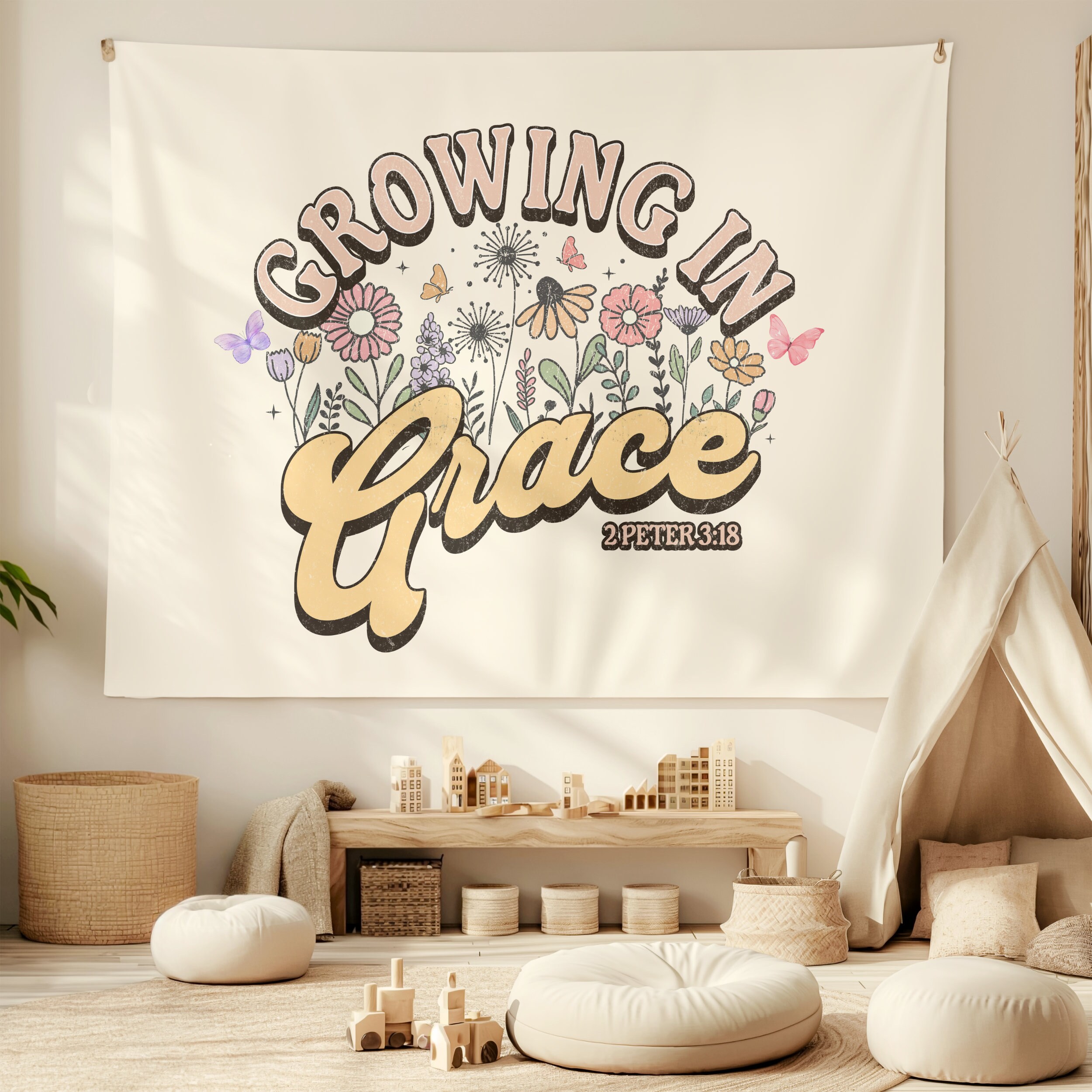 Christian Tapestry Retro Scripture Wall Art for Girls Bedroom, Grow in ...