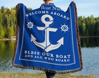 Personalized Boat Name Woven Blanket, Christian Custom Boat Yacht Throw Blanket, Nautical Boat Decor, Beach Lake House, New Boat Owner Gift