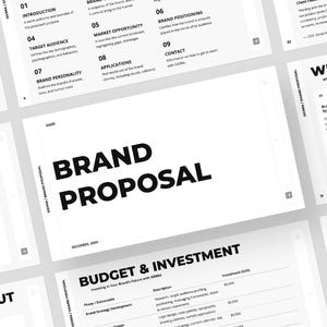 Puede incluir: Una colección de páginas blancas y grises con el título "BRAND PROPOSAL" en negrita negra. Las páginas incluyen títulos como "INTRODUCTION", "TARGET AUDIENCE" y "BUDGET & INVESTMENT". El tema general es negocios y marketing.