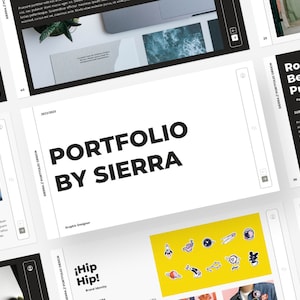 Peut inclure: Une présentation de portfolio avec le titre "Portfolio by Sierra" en texte noir sur fond blanc. Le portfolio comprend une variété de projets, notamment de la création de marques, de l'emballage et de l'illustration. L'image comprend également un gros plan d'un fond jaune avec une variété d'autocollants colorés.