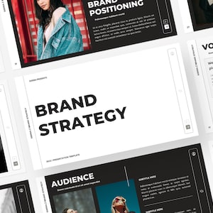 May include: A presentation template for brand strategy with the words "Brand Strategy" in bold black text on a white background. The template includes sections for brand positioning, audience, voice, and discovery.