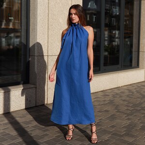 SEVILLE Linen Halter Neck Maxi Dress for Special Occasion, Smart Casual Blue Linen Sleeveless Long Dress, Wedding Guest Dress, Gala Evening