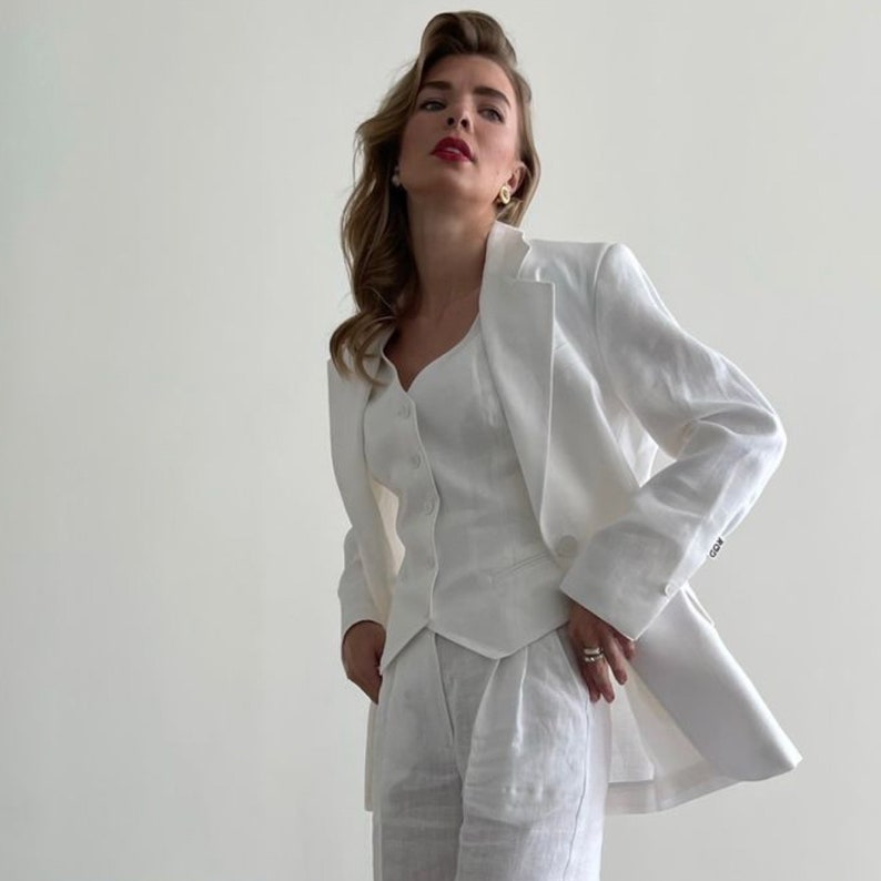 Classic White Linen Blazer for Women, Loose Linen Long Sleeves Blazer