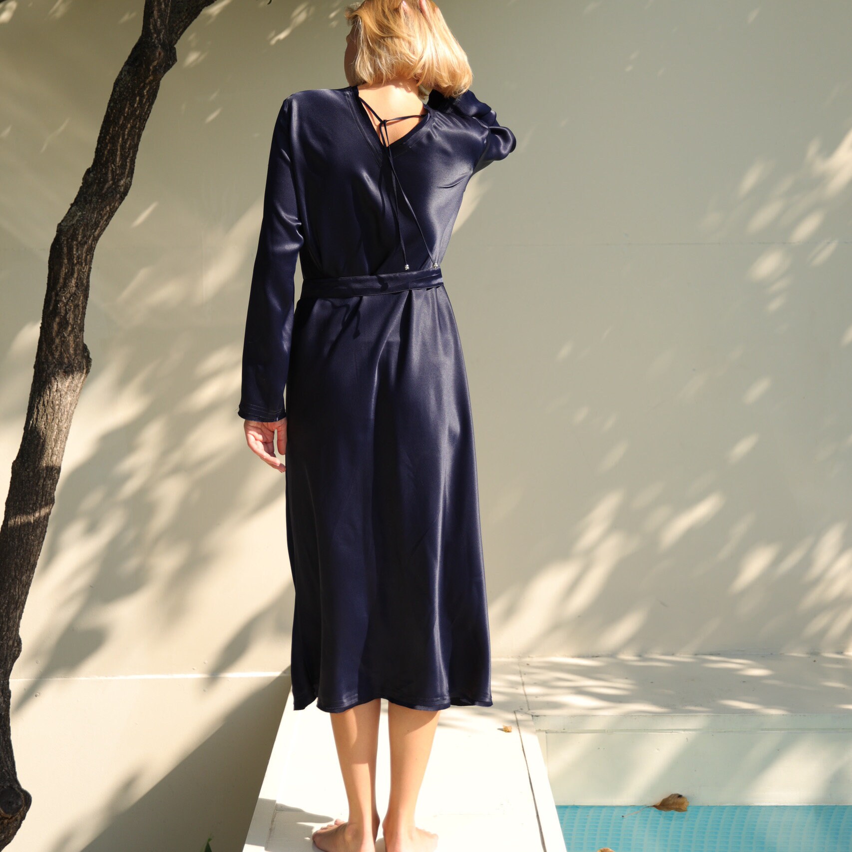 Satin Silk Bias Cut Dress With Long Sleeves Silk Satin
