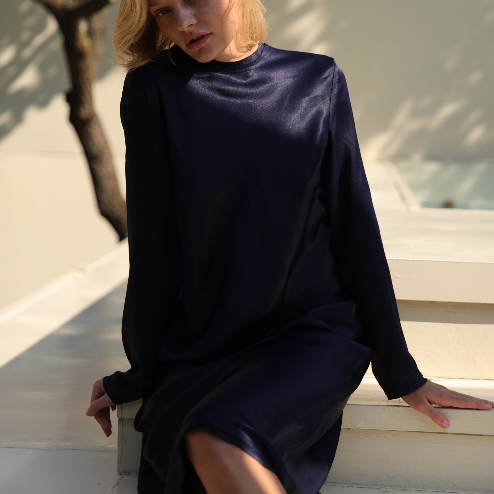 Satin Silk Bias Cut Dress With Long Sleeves Silk Satin