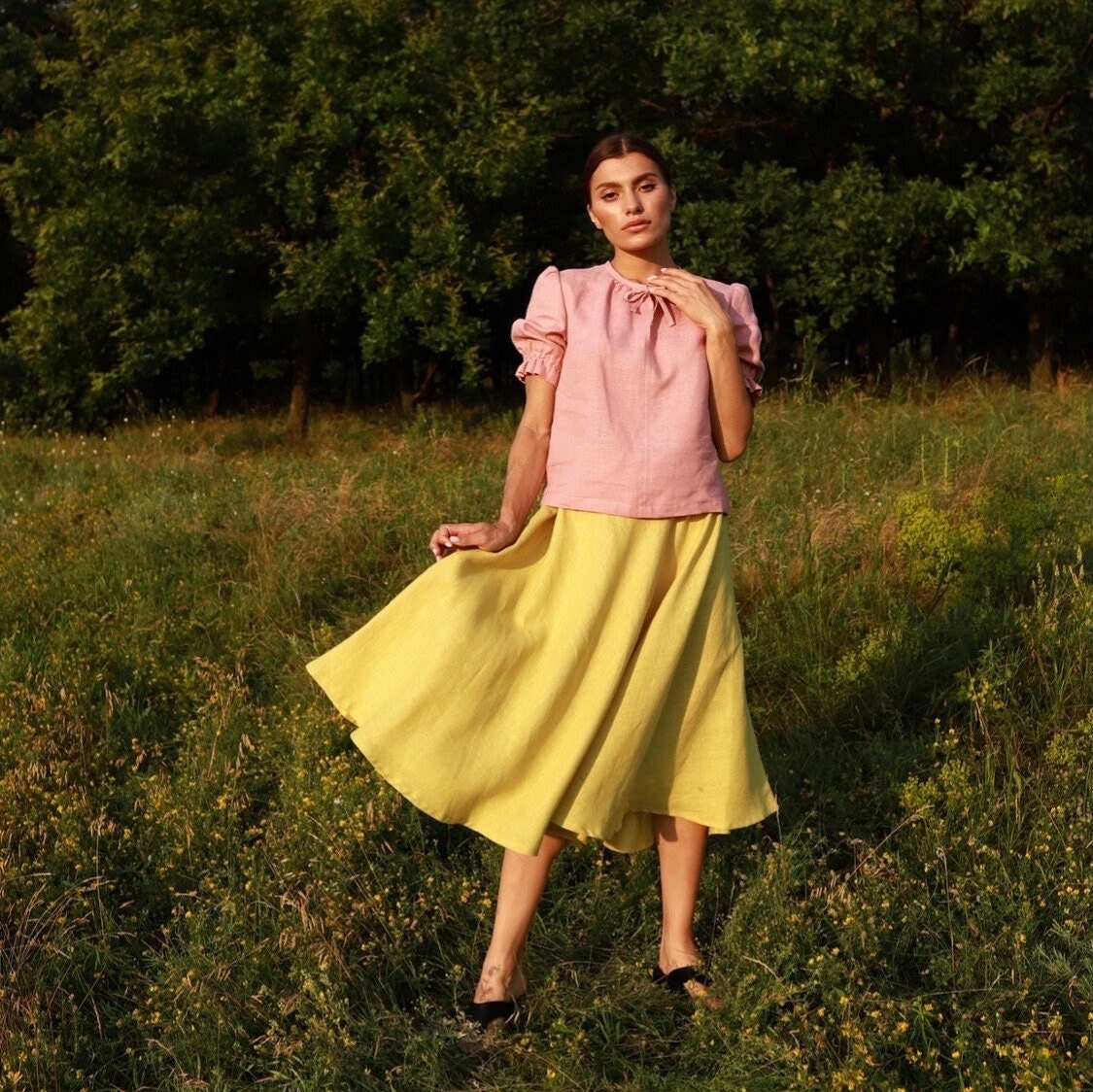 ALISA Linen Dusty Pink Women Top With Short Puffed Sleeves, Smart