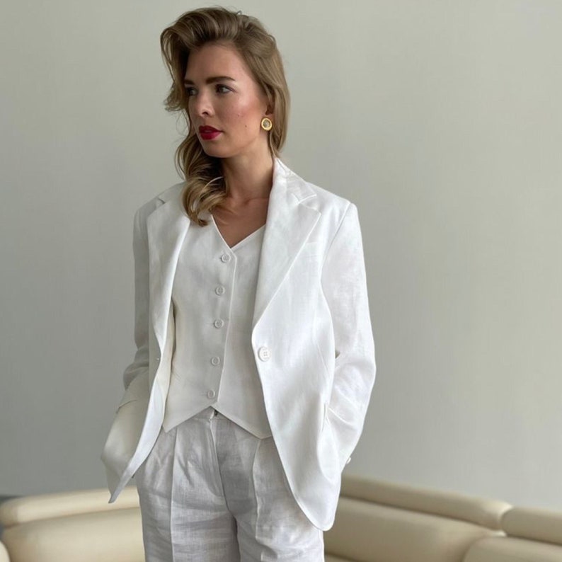 Classic White Linen Blazer for Women, Loose Linen Long Sleeves Blazer