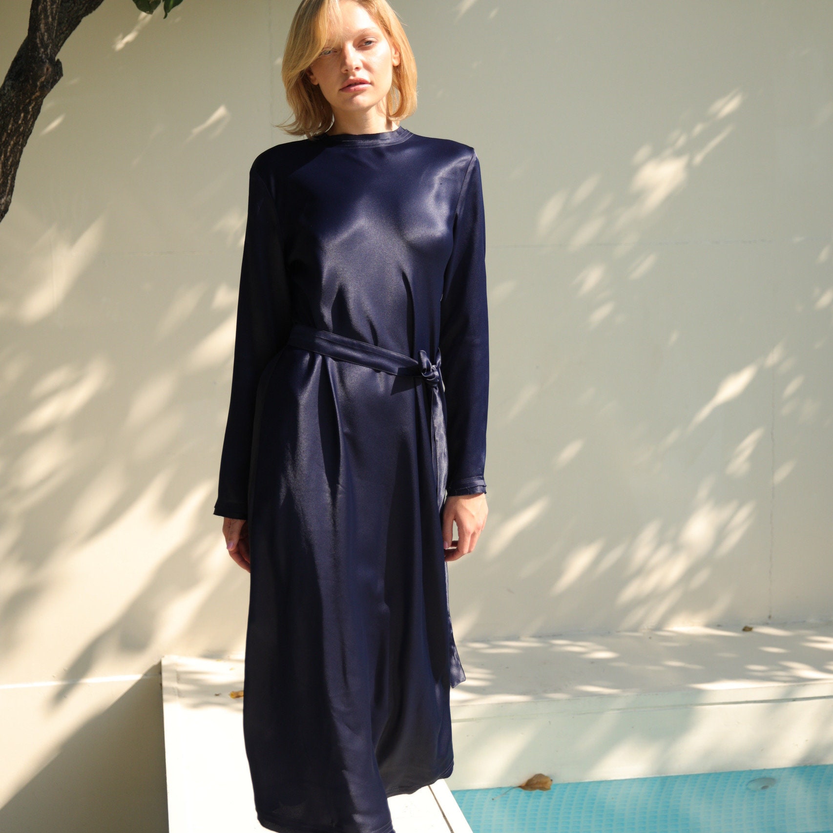 Satin Silk Bias Cut Dress With Long Sleeves Silk Satin