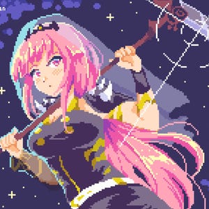 Può includere: Illustrazione in pixel art di un personaggio con capelli e occhi rosa, che tiene una falce. Il personaggio indossa un abito nero con dettagli dorati e un mantello scuro. Lo sfondo è blu scuro con stelle bianche e il nome dell'artista, alyossan.