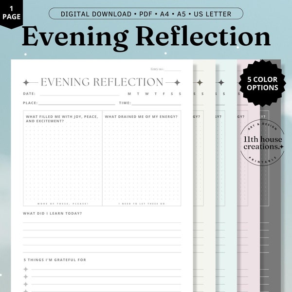 Evening Reflection Journal, Printable 5 Minute Bedtime Journal Prompts, Daily Reflections, Night Journal Template, PDF Digital Download