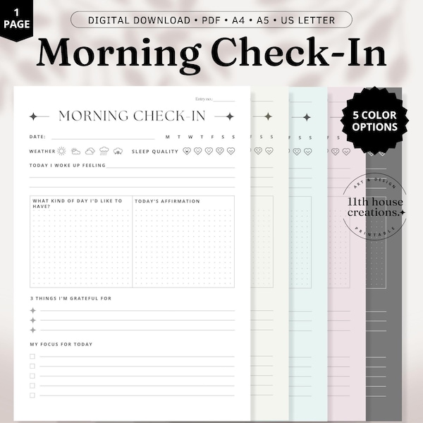 Morning Check-in Journal, 5 Minute Journal Template, Daily Reflections, Printable Morning Journal, PDF Digital Download