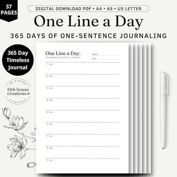 One Line A Day Journal, 365 Days One Sentence Journal Digital Download, Printable Journal A4/Letter Instant Download