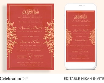 Regal Red Nikah Invitation, Islamic Wedding Invitation, Muslim Wedding Invite, Nikkah Invite, Editable Digital Download