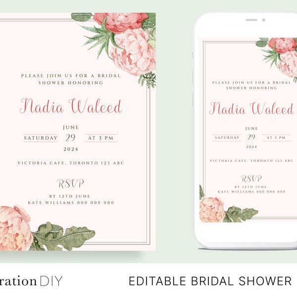 Peony Bridal Shower Invitation for Print & Mobile, Editable Template, Instant Download