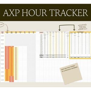 Puede incluir: Una hoja de cálculo titulada "AXP Hour Tracker" con columnas para el seguimiento de horas. La imagen incluye notas manuscritas y una nota adhesiva que dice "best axp hour tracker for a licensure candidate".