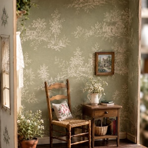 May include: A miniature room box featuring sage green wallpaper with a white pastoral landscape print. The scene includes a wooden ladder-back chair with a woven seat, a small wooden side table with a drawer, a potted plant, and a framed picture.