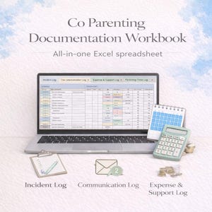 May include: A laptop displaying a spreadsheet labeled "Incident Log," "Communication Log," "Expense & Support Log," and "Parenting Time Log." A clipboard, calculator, calendar, and coins are also present. The text "Co Parenting Documentation Workbook" is at the top.