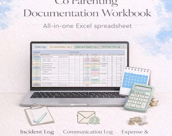 May include: A laptop screen showing a spreadsheet with tabs for "Incident Log," "Communication Log," "Expense & Support Log," and "Parenting Time Log." A clipboard, calculator, calendar, and coins are also visible. The text reads "Co Parenting Documentation Workbook."