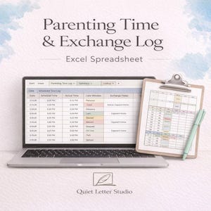 Peut inclure: Un ordinateur portable affichant une feuille de calcul Excel intitulée "Parenting Time & Exchange Log" à côté d'un presse-papiers avec un stylo. La feuille de calcul affiche des colonnes pour la date, l'heure et les notes. L'image contient le texte "Quiet Letter Studio".